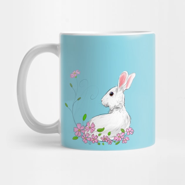 Charming Spring Rabbit and Pink Blossoms by Ratna Arts